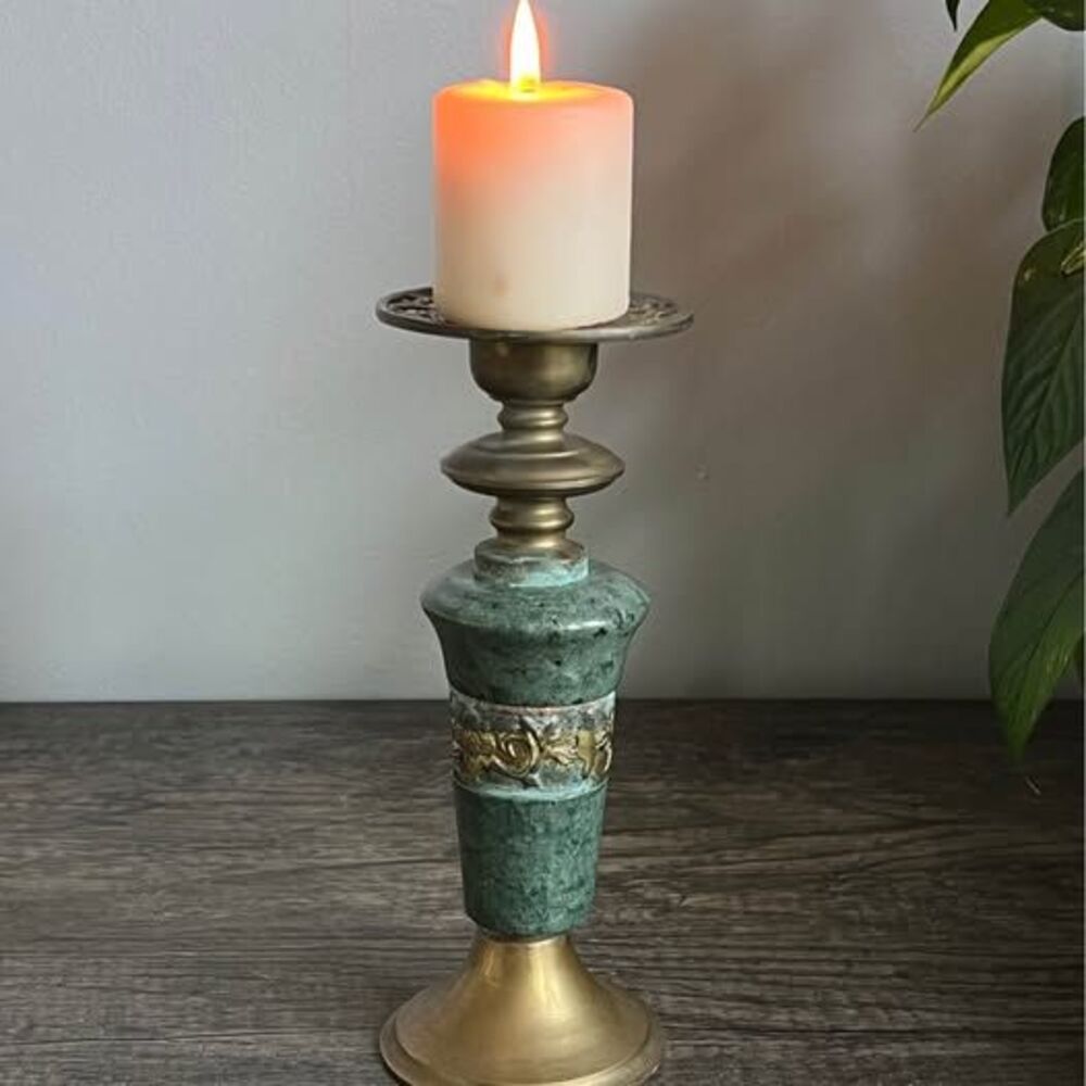 Vintage Green Marble and Brass Candle Holder - needs repair